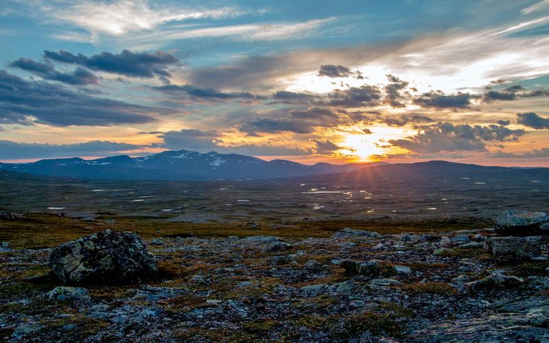 tranquil scene, nature, environment, beauty in nature, no people, lens flare, rock, sunset, sun, mountains, cloud - sky, orange color, rocks, fjell, 5K