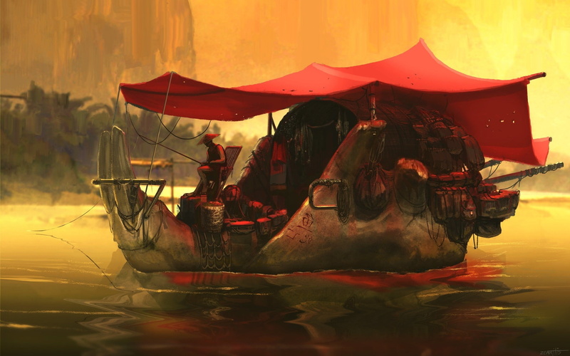 fantasy art, beavers, artwork, skull, Asian, 1080P, boat
