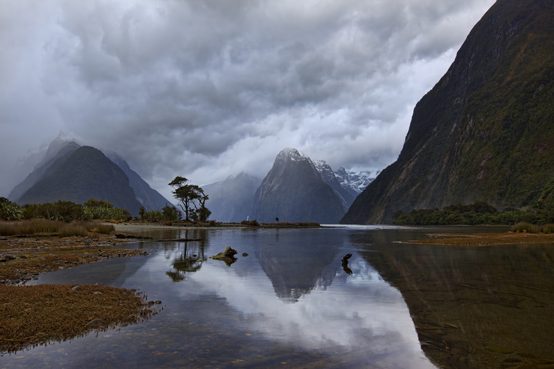 travel, cloud - Sky, tranquility, water, reflection, clouds, morning, no people, Piopiotahi, mountains, scenics, waterfront, New Zealand, South Island