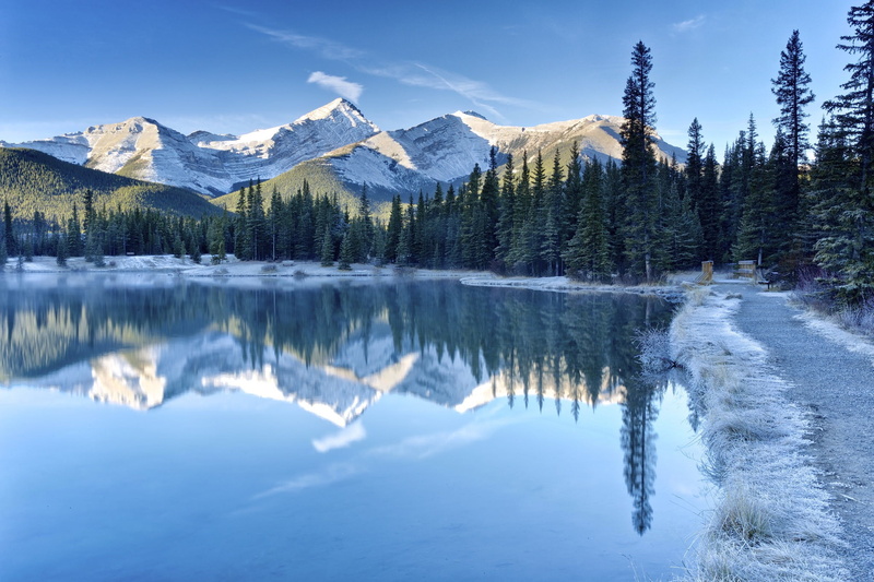Canada, Alberta, trees, sky, tree, pine, kananaskis, lake, forest, landscape, winter, snow, Lake Kananaskis mountains, 1080P