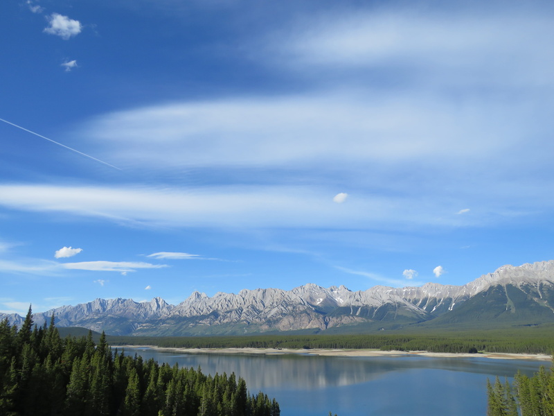 scenics - nature, beauty in nature, 4K, reflection, tranquil scene, scenics, tree, Lower Kananaskis Lake, mountain, mountain peak, day, vapor trail, majestic