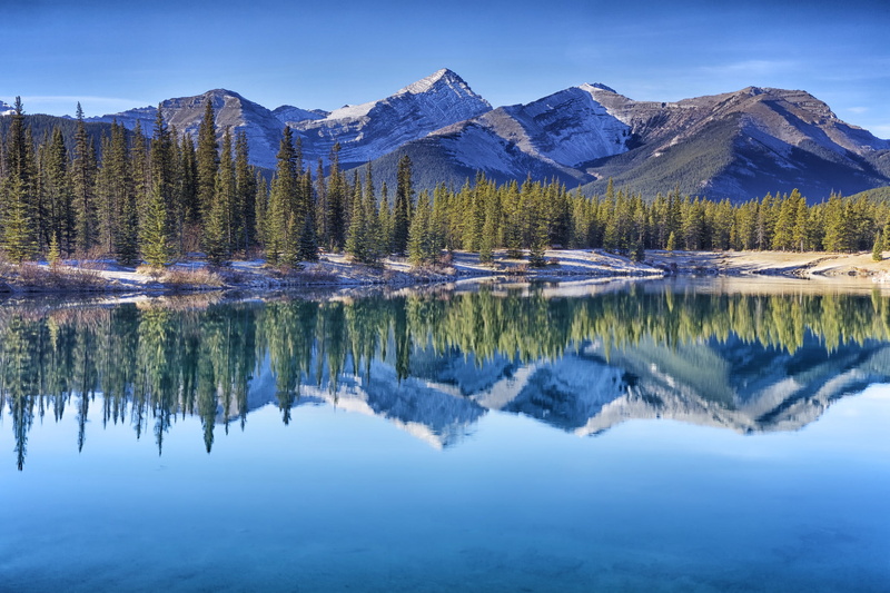 trees, mountains, Kananaskis Country, lake, reflection, Canadian Rockies, Albert, Canada, Forgetmenot Pond, 1080P, Kananaskis, Alberta