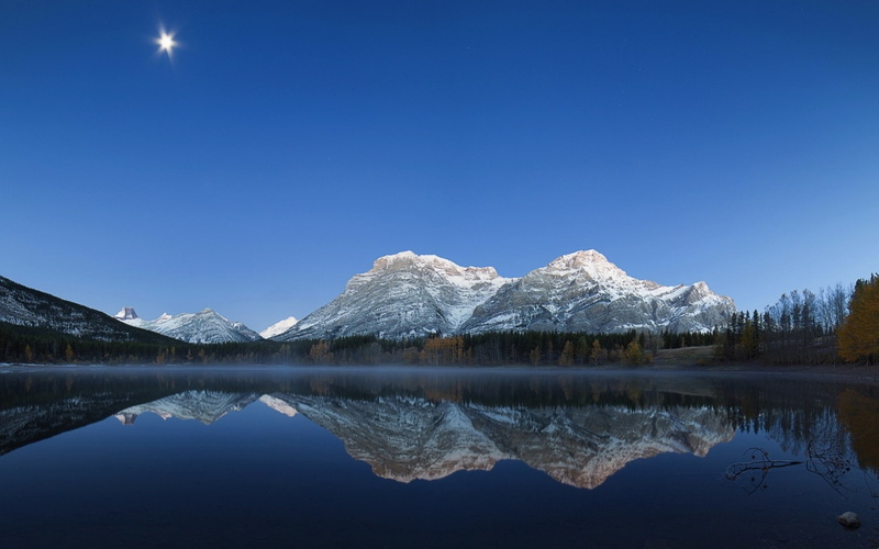 alberta, moon, country, kananaskis, landscape, sky, autumn, lakes, mountains, trees, reflection, fall, 1080P