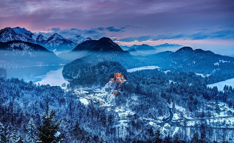cold temperature, sky, sunset, southern, bavaria, mountain, 1080P, plant, snow, landscape, beauty in nature, environment, castle, outdoors, nature, Germany