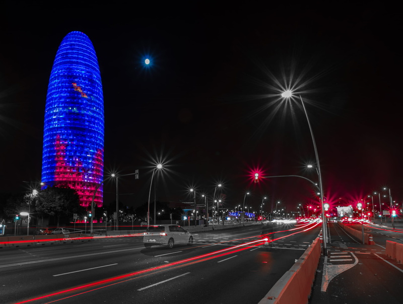 city street, no people, night, torre agbar, visit barcelona, outdoors, 2K, transportation, motion, light trail, spain, blurred motion, built structure
