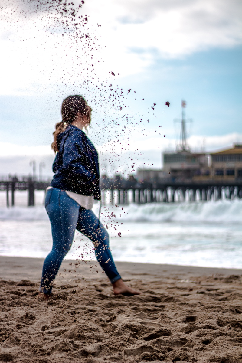 ocean, sand, lifestyles, motion, hairstyle, girl, female, santa monica, la, waves, portrait, sky, united states, background, leisure activity