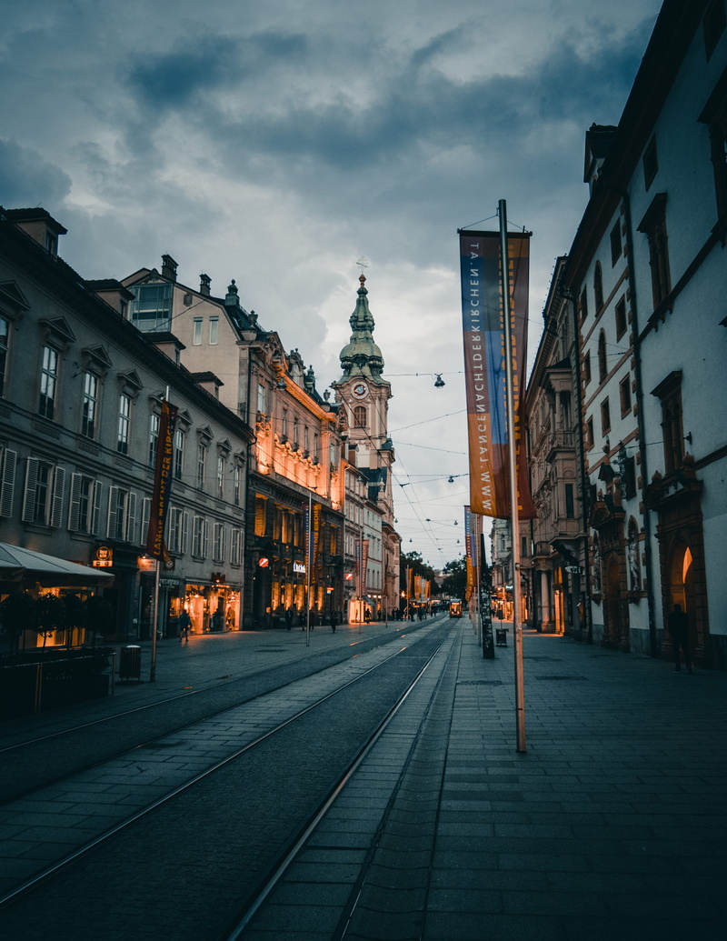 place of worship, building, sony a6500, transportation, travel destinations, spire, 2K, built structure, dusk, cloudy, graz, nature, outdoors, glow, commercial
