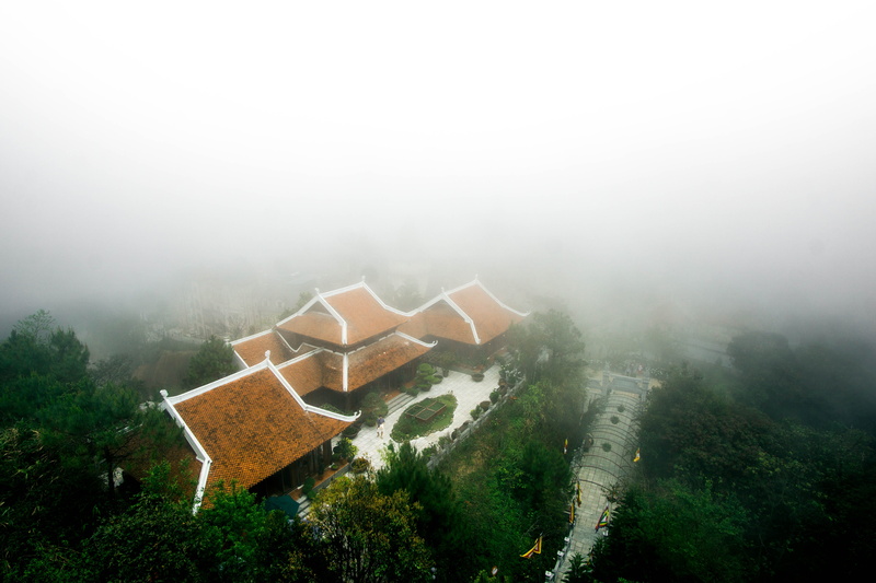 roof, building exterior, house, day, trees, high angle view, scenics - nature, tree, fog, environment, pathway, air, tranquility, copy space, nature, asian