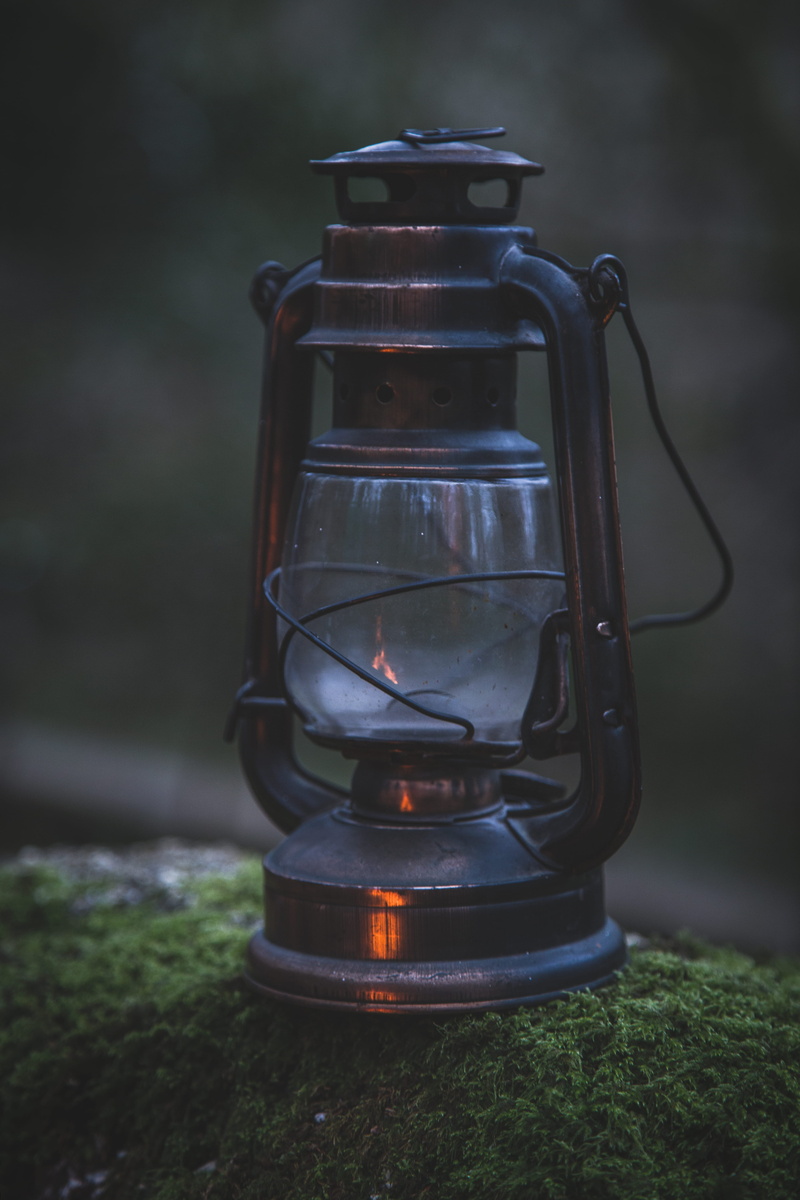 lantern, close-up, no people, oil lamp, moss, lighting equipment, metal, turned, nature, focus on foreground, electric lamp, camping, 5K, coffee pot, day