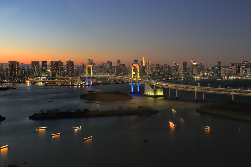 Rainbow Town, reflections, twilight, Japan, dusk, Tokyo, Odaiba, sunset, Rainbow Bridge, 5K, bridge
