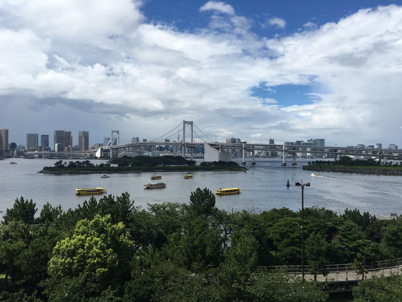 river, cloud - sky, japan, bridge - man made structure, nautical vessel, bridge, city, sky, odaiba, building exterior, architecture, water, bay, transportation