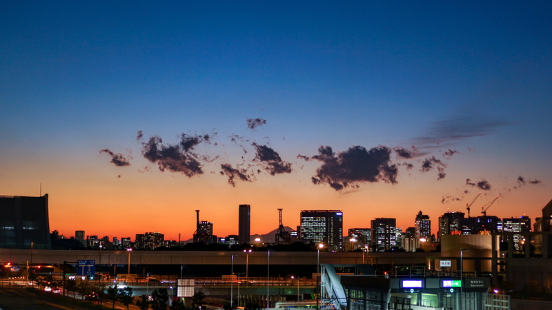 office building exterior, built structure, 5K, no people, japan, illuminated, odaiba, sky, tall - high, dusk, sunset, urban skyline, landscape, romantic sky