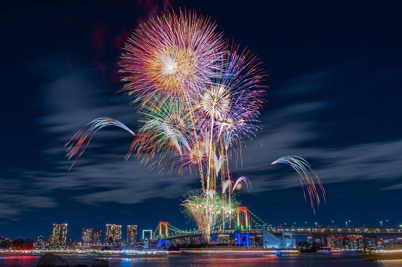 bridge, Odaiba Rainbow Fireworks 2019, Rainbow Bridge, night city, Tokyo, fireworks, Tokyo Bay, Odaiba Seaside Park, Japan, 2K