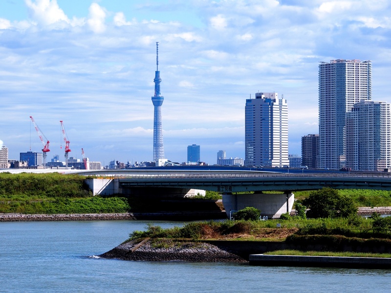 bridge - man made structure, fujimi bridge, tokyo, building, near, japan, financial district, spire, architecture, water, odaiba, built structure, building exterior
