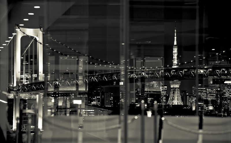 Asia, tokyotower, Urban, 4K, Night, Tokyo, rainbowbridge, nikon, Odaiba, nikond700, fragments, Japan, odaibaisland, Black and White