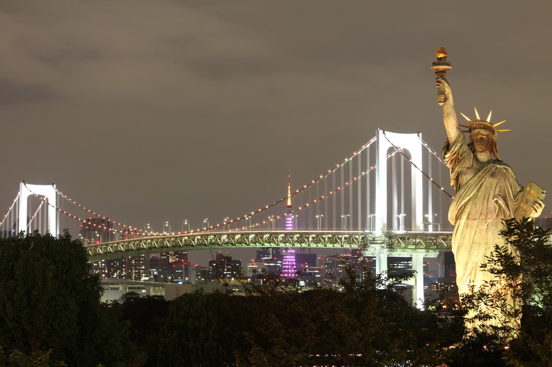 built structure, replica, symbol, tokyo, water, skyscrapers, bridge - man made structure, tokyo bay, statue, cityscape, nature, Statue of Liberty, building exterior