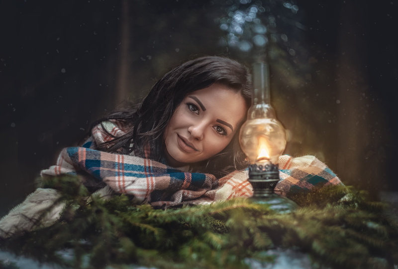 beauty, one person, kerosene lamp, looking at camera, night, front view, 5K, view, beautiful woman, headshot, atmospheric, winter, young women, plant