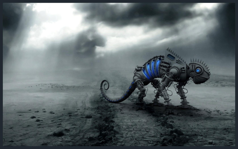 dinosaur, artistic, robot, 720P, blue, neon, dino, mr