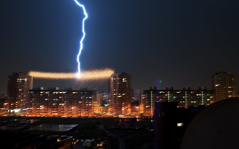 skyscraper, office building exterior, building exterior, city life, movie, storm, illuminated, city, no people, power in nature, nightlife, cityscape, modern