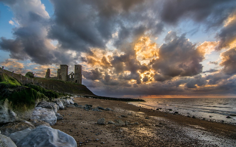 beach, sky, sunset, horizon over water, rock, horizon, nature, clouds, solid, coastline, landscape, beauty in nature, architecture, cloud - sky, 1080P