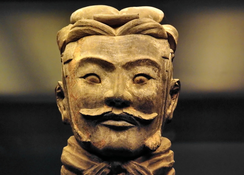 craft, indoors, body part, representation, portrait, carving, Terracotta, old, Army, male likeness, sculpture, close-up, religion, China, statue, day, focus on foreground