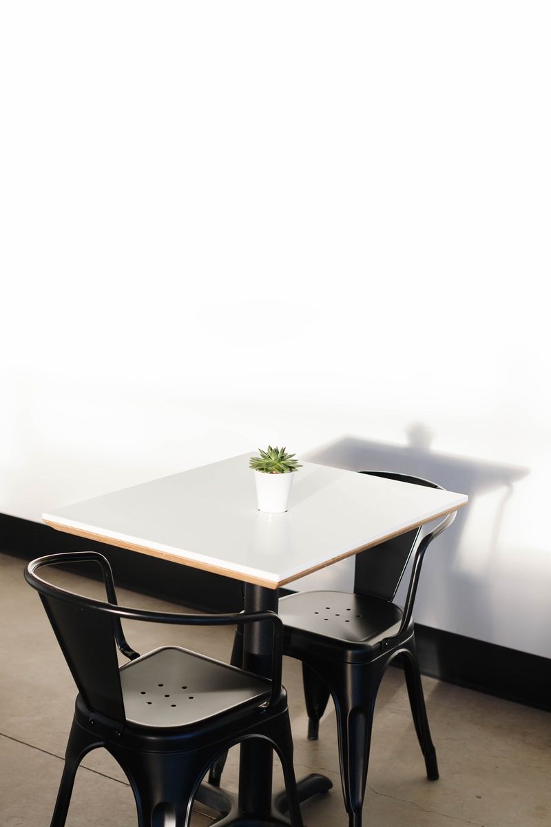 coffee, furniture, modern, design, desk, chairs, two, no People, elegance, wall - Building Feature, chair, apartment, white, 4K, dining Table, black, potted plant