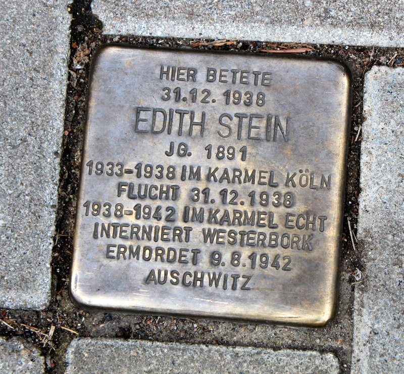 Stumbling, cemetery, outdoors, marble, close-up, karmel, commemorate, solid, western script, stones, Edith Stein, old, ground memorial, text, monastery