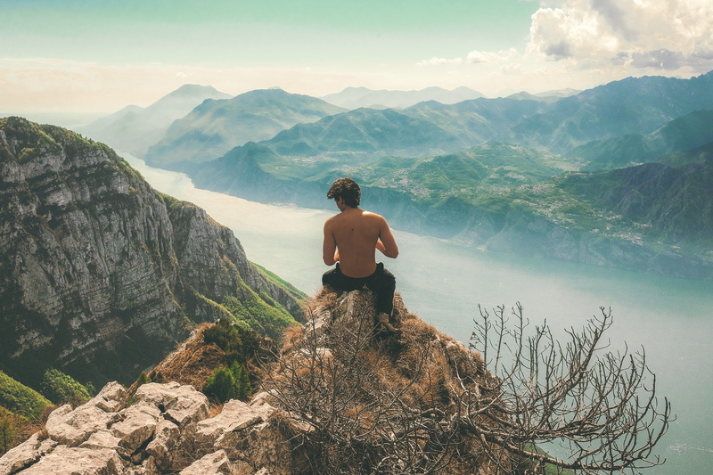 mountain, young adult, mountain Peak, mountains, adventure, solid, near, seating, backpack, landscape, body, tranquility, freedom, one Person, idyllic