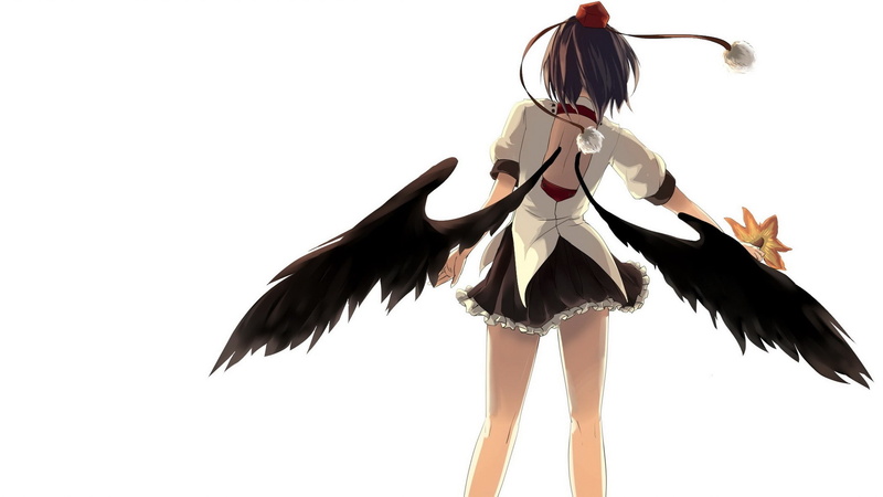 games, fan, brunettes, wings, 1080P, art, shameimaru, backgr, back, touhou, aya, hats, skirts, legs, short, video, simple, hair, hd