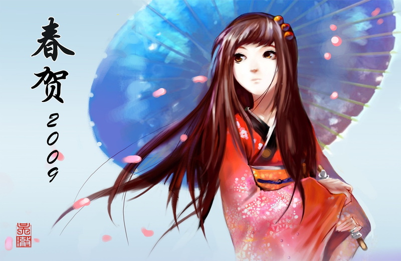 clothes, soft, hair, shading, simple, umbrella, hd, cherry blossoms, brunettes, eyes, cherry, art, backgr, japanese, umbrellas, blossoms, long, 1080P