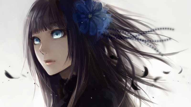soft, hd, shading, nature, art, simple, original, eyes, long, backgr, 1080P, blue, hair, flower, petals, Flowers, lips, women, digital