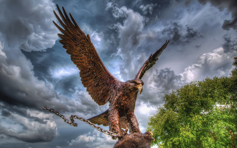 eagle, photo manipulation, HDR, trees, 1080P, chains, sky, clouds, sculpture