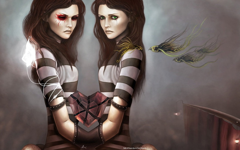 art, BIRDS, 1440x900 px, 720P, x, fantasy girl, abstract, px, hd, fantasy art, Twins, tears, artwork, girl, fantasy