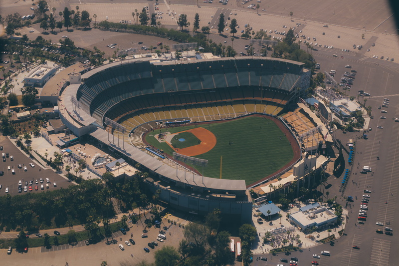 city, building exterior, built structure, los angeles, photography, architecture, aerial, baseball, day, stadium, high angle view, no people, dodgers, cityscape