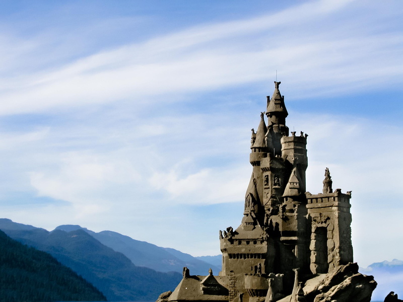 on top, Sand Castle, British Columbia, BC, Canada, top, mountain, tower, Harrison Hot Springs, castle, architecture, 1080P, Castles in the Sky, gray, famous
