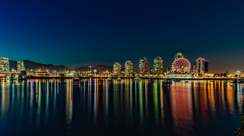 clear sky, mountains, landscape, city, skyscraper, blue, silhouettes, built structure, bay, 2K, building exterior, british, water, no people, office building exterior