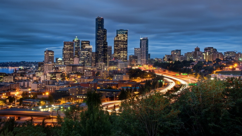 long Exposure, light trail, famous Place, skyscraper, building Exterior, united states, scenics, seattle, no people, city Life, tall - high, street Light