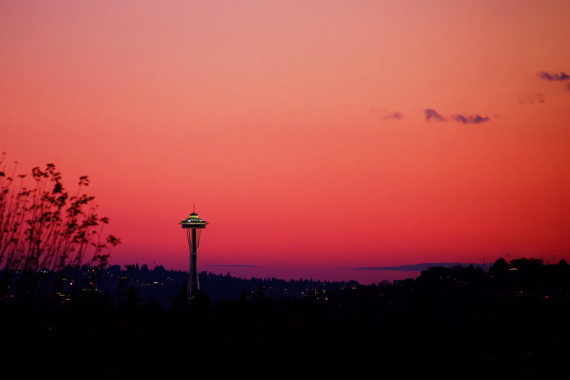 outdoors, nature, beauty in nature, trees, tranquility, night, pink, orange color, built structure, space, washington, clouds, seattle, romantic sky, red
