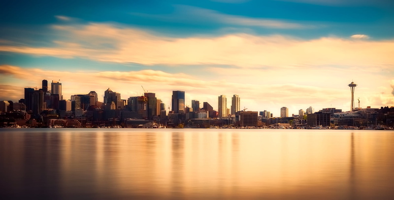 water, urban skyline, architecture, cityscape, bay, skyscraper, downtown, space tower, city, sunrise, city life, skyline, seattle, reflection, sunset, 1080P