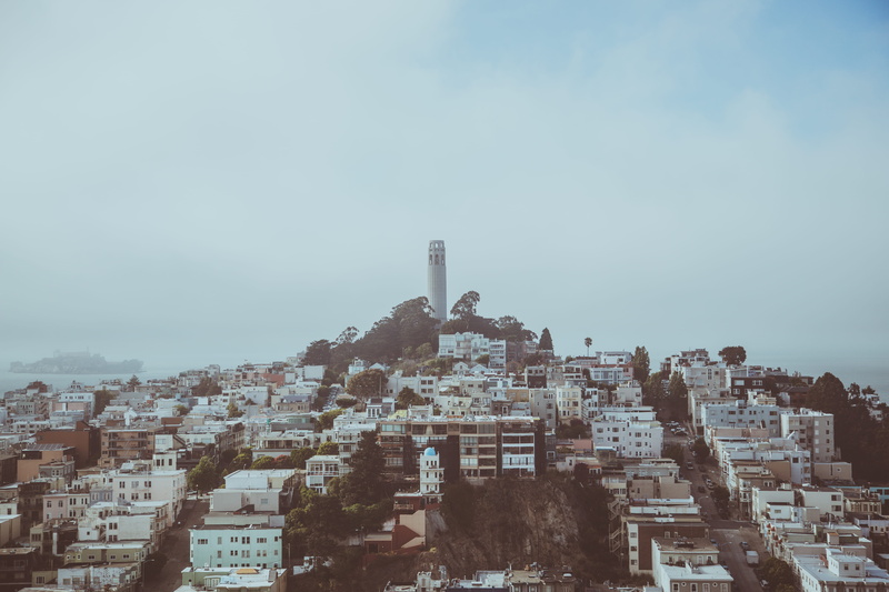 5K, city life, skyscraper, clear sky, foggy seaside city, no people, lighthouse, californium, cityscape, high angle view, townscape, building exterior