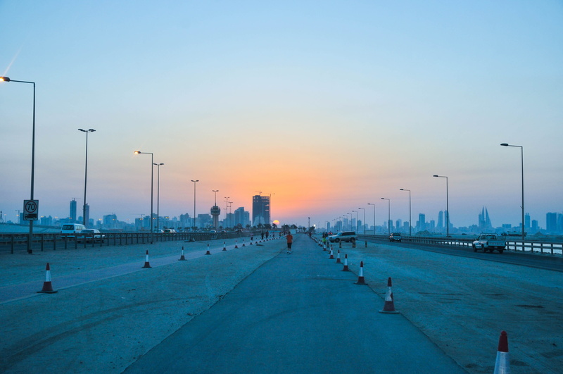 lighting equipment, diminishing perspective, skyscraper, Bahrain, architecture, the way forward, water, Sunset, harbor, city, sundown, street light, road