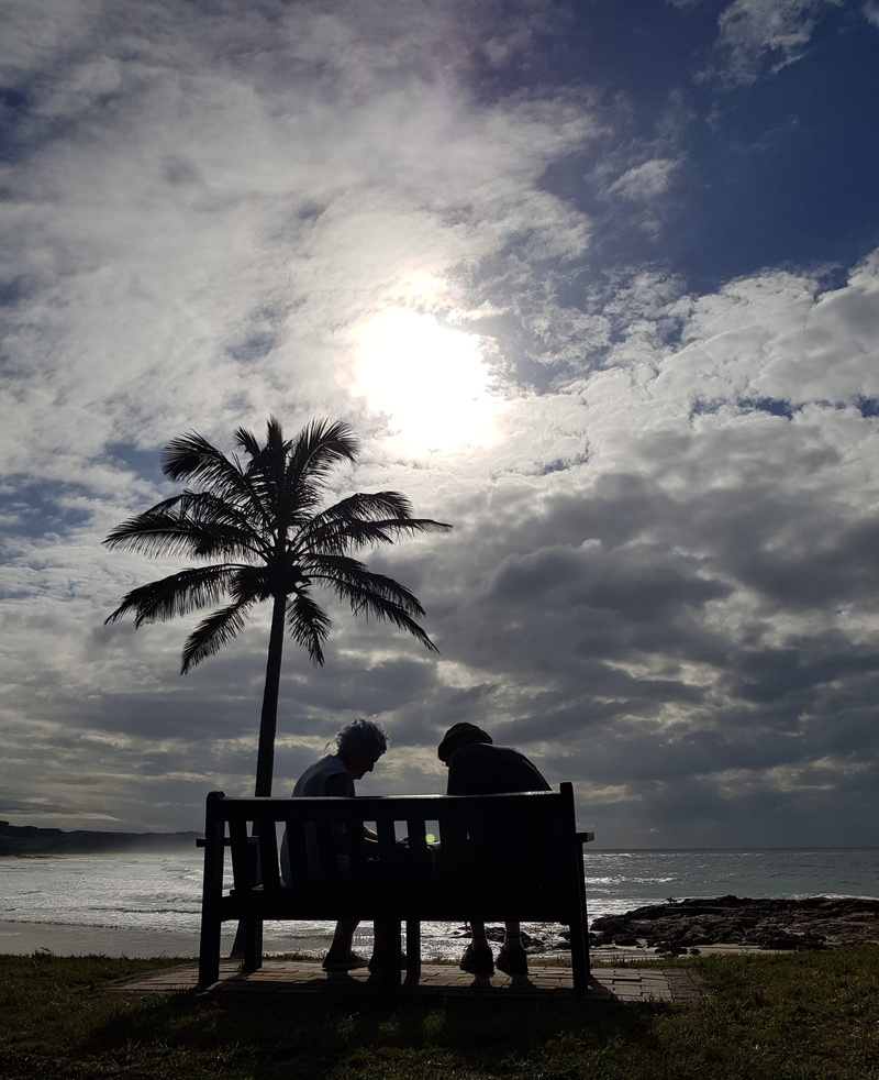 157 marine terrace, tropical climate, lifestyles, land, old age, beauty in nature, bench, togetherness, cloud - sky, durban, beach, south africa, sky, sea