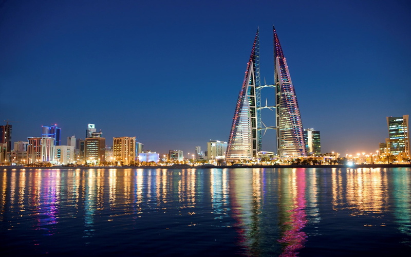 1080P, skyscrapers, sky, architecture, lights, Bahrain, cityscape, city, Manama, sea, buildings, night