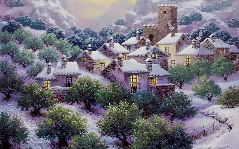 rustic, hills, buildinngs, seasons, world, houses, 1080P, nature, fantasy, winter, art, plants, paintings, mountains, snow, landscapes, architecture