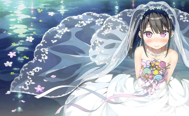 wedding, petals, ponytail, konachan, ribbons, 247273, long, eyes, photoshop, short, attire, dress, black, necklace, pink, scan, 2K, kantoku, com, hair