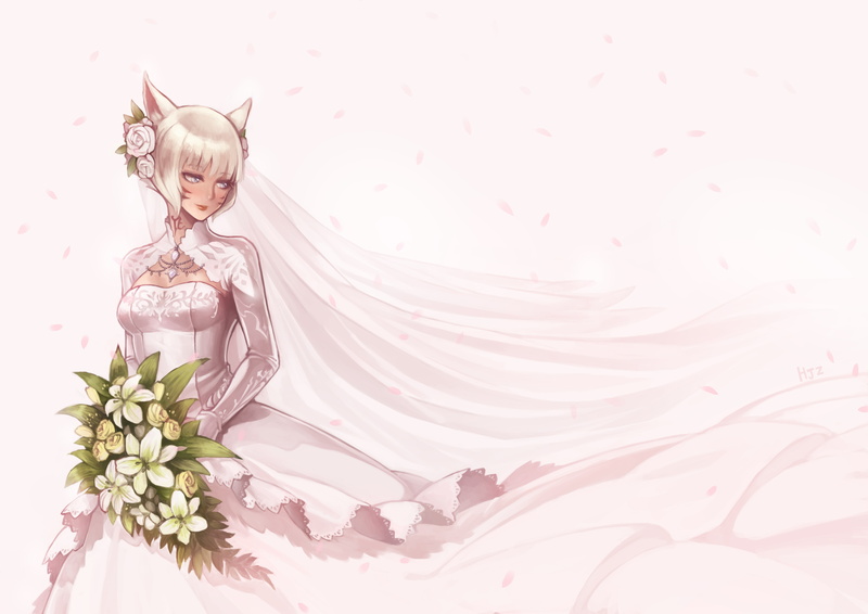 gloves, konachan, 260876, white, yshtola, haimerejzero, miqote, 5K, eyes, attire, gray, final, wedding, short, catgirl, hair, xiv, fantasy, com, flowers