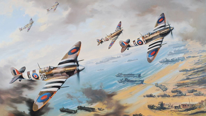cloud - sky, air force, landing in Normandy, military, government, motion, outdoors, transportation, day, air vehicle, army, spitfire, beach, 1080P, plane