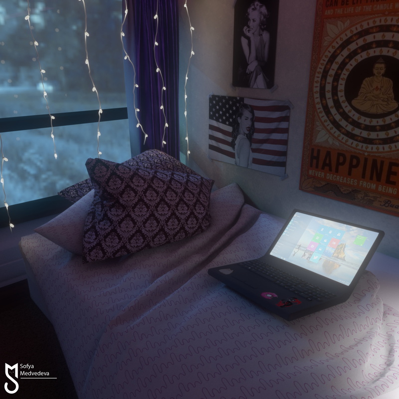 artwork, digital painting, laptop, Sofya Medvedeva, 4K, cushions, digital art, ArtStation, bedroom