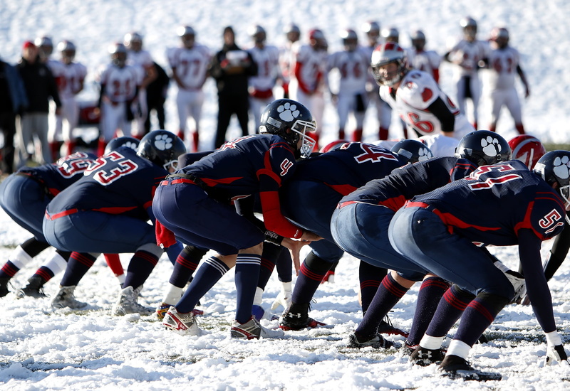 crowd, snow, adult, field, american football field, football, winter, position, canadian, quarterback, competition, in a row, game, clothing, football player