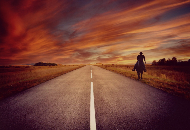 sky, road marking, nature, direction, western, marking, road, full length, symbol, tranquil scene, reiter, horse, dusk, travel, the way forward, journey